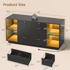 SEDETA 55" File Cabinet with Lock, Large 3 Drawers Filing Cabinets for Home Office, Lockable Printer Stand with Storage, Power Strip, LED Light & Pegboard, Black