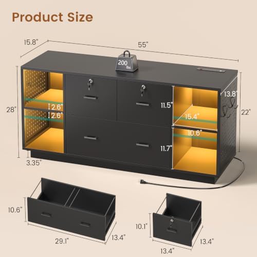 SEDETA 55" File Cabinet with Lock, Large 3 Drawers Filing Cabinets for Home Office, Lockable Printer Stand with Storage, Power Strip, LED Light & Pegboard, Black