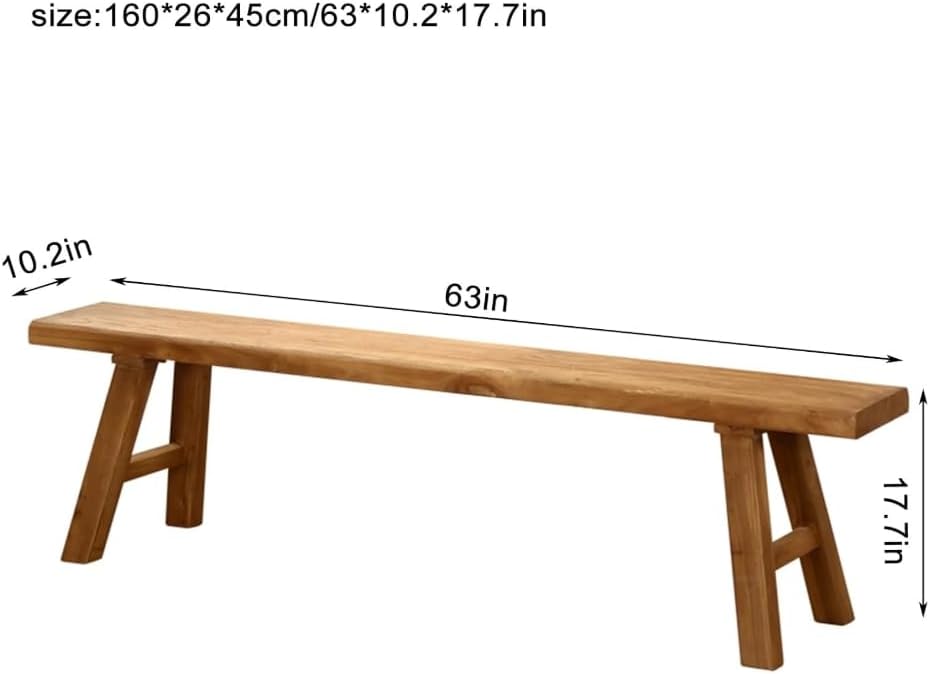 Farmhouse Solid Elm Wood Bench - Handcrafted Asian Rustic Entryway Bench for Living Room, Dining, Bedroom, 9 Sizes (Natural Finish) (160 * 26 * 45cm/63 * 10.2 * 17.7in)