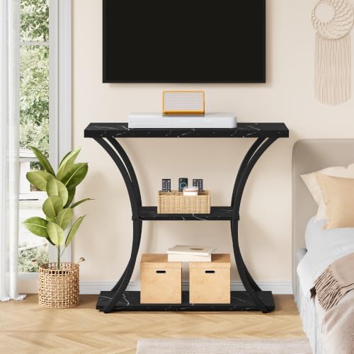 Hoctieon 3 Tier Console Table with Open Wood Shelves, Decorative Entryway Table with Curved Metal Frames, Narrow Sofa Table for Entrance, Living Room, Hallway, Black Marbled