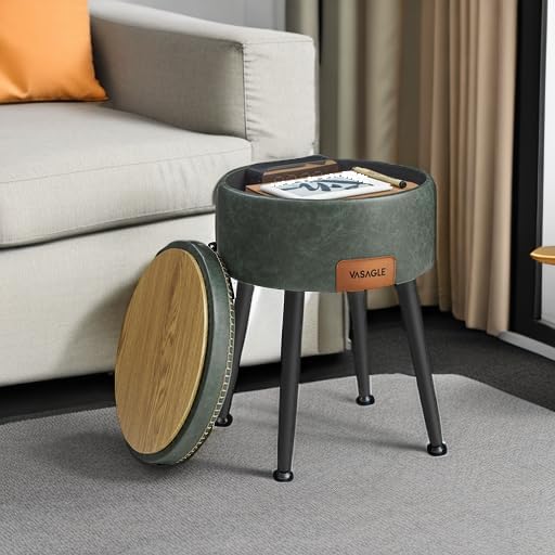 VASAGLE Storage Ottoman, Synthetic Leather Round Seat with Steel Legs | Vanity Chair Stool, with Stitching, Transitional, Loads 150 kg, Forest Green and Matte Black, EKHO Collection ULOM005C01