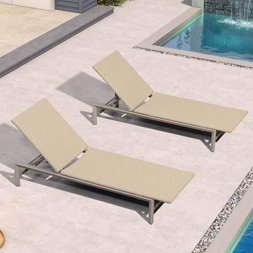 PURPLE LEAF Outdoor Chaise Lounge Chair Wood Grain Aluminum, Beige | 3-Year Color Retention PE Rattan, 2.4" Thickened Aluminum Frame, Knee-Friendly Height, For Poolside Patio Garden