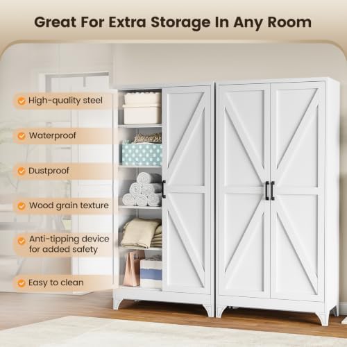 Yizosh Metal Storage Cabinet with Doors and 4 Adjustable Shelves - 75" White Kitchen Pantry Storage,4-Tier Tall Steel Cabinet Locker for Kitchen,Living Room,Dining Room