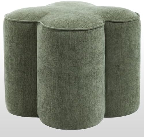 Zesthouse Flower Pouf Ottomans Foot Rest Set of 2, Linen Poofy Ottomans | Large Ottoman Footstool for Couch, Modern Living Room Stool Seat, Cute Square Vanity Stool for Bedroom, Green Dorm Foot Stool