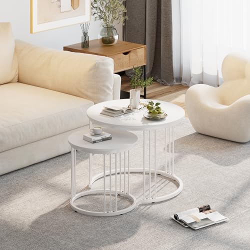 Garden 4 you Nesting Coffee Table, 23.6" Round Coffee Table Set of 2, Wooden Nesting Table with Metal Frame, Ceter Tables for Living Room Bedroom Balcony, White