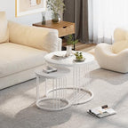 Garden 4 you Nesting Coffee Table, 23.6" Round Coffee Table Set of 2, Wooden Nesting Table with Metal Frame, Ceter Tables for Living Room Bedroom Balcony, White