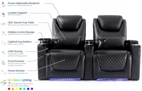 Airadlis Home Theater Seating Seats, Theater Recliner Chair Sofa Game Movie Theater Chairs with 7 Colors Ambient Lighting, Lumbar Pillow, Side Pocket, Tray Table, Power Recline, Black