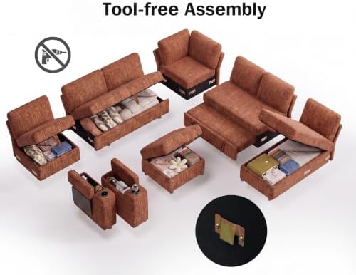 Vipbear 130" Modular Sectional Sleeper Sofa with Pull Out Bed, 9 Seat Chenille U Shaped Couch with Ottoman and Chaise|USB Ports|Cup Holders|Side Table, Tool Free Assembly, Orange