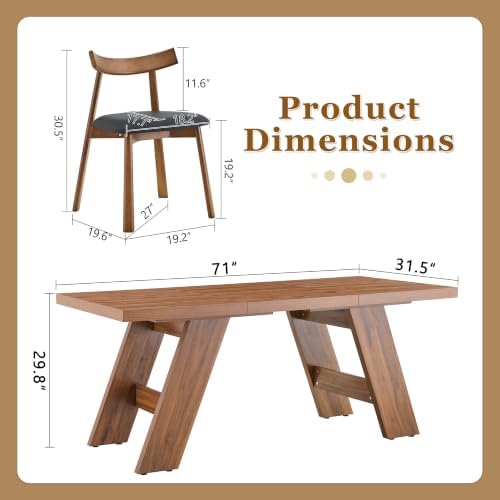 71" Farmhouse Dining Table Set for 6, Rectangular Rustic MDF Wooden Kitchen Table with Stable A-Frame Base & Anti-Slip Pads, Walnut