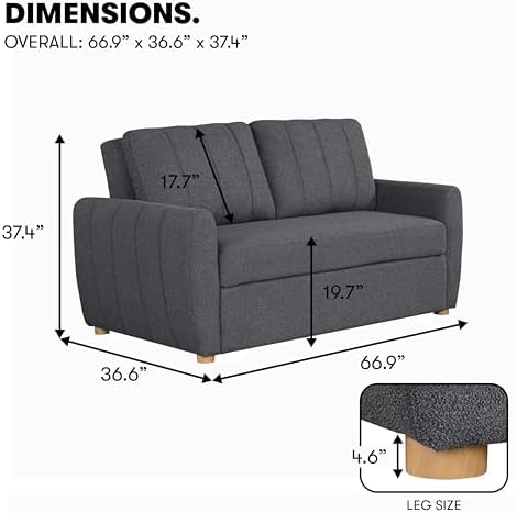 Serta Galway 66.5" Convertible Sleeper Loveseat, Full Size, Dreamcoil Comfort, FingerGuard Pinch Point Protection, Boucle Fabric, Charcoal