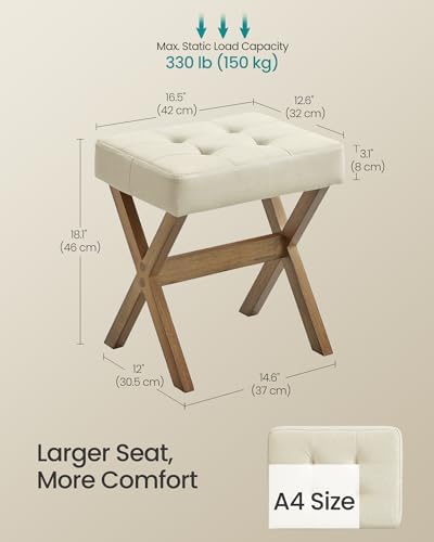 SONGMICS Makeup Stool, Padded Vanity Foot Rest, Solid Wood X Legs | 16.5 x 12.6 x 18.1 Inches, for Bedroom, Closet, Entryway, Summer Sand and Brown, MARY Collection ULSF006LF01