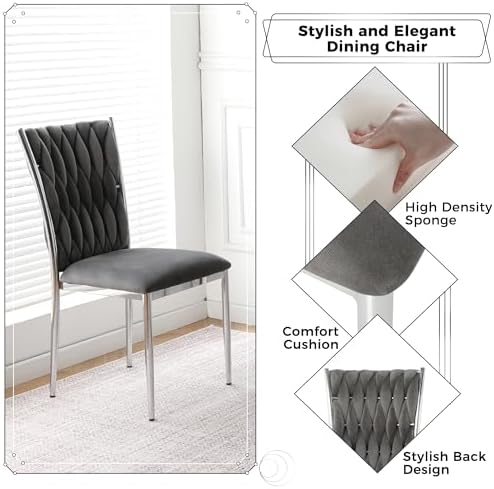 Velvet Dining Chairs Set of 6, Modern Upholstered Kitchen Chairs with Silver Metal Legs, Woven Velvet Fabric and High Back, Dirt Resistance, Easy to Assemble, for Home, Living Room - Dark Grey