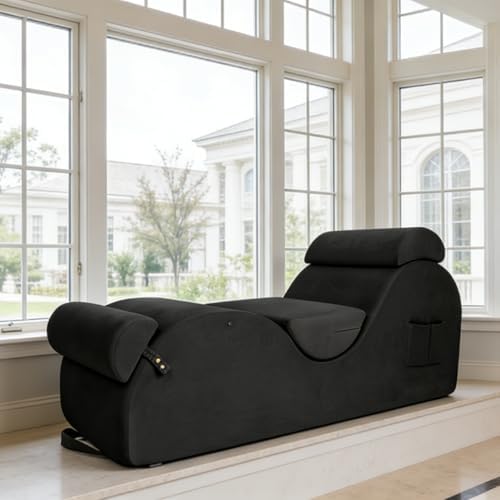 Chaise Lounge Chair for Yoga, Chaise Lounge with Headrest, Waist Pad, Foot Pad, Washable Cover Side Pockets Non-Slip Bottom, Yoga Chair for Relaxation Stretching (Black, Large)