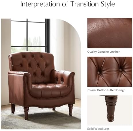 HULALA HOME Mid Century Modern Genuine Leather Accent Chair Set of 2, Brown | Button Tufted Leather Armchair, Upholstered Club Chair with Nailhead Trim, Solid Wood Legs, for Living Room Bedroom