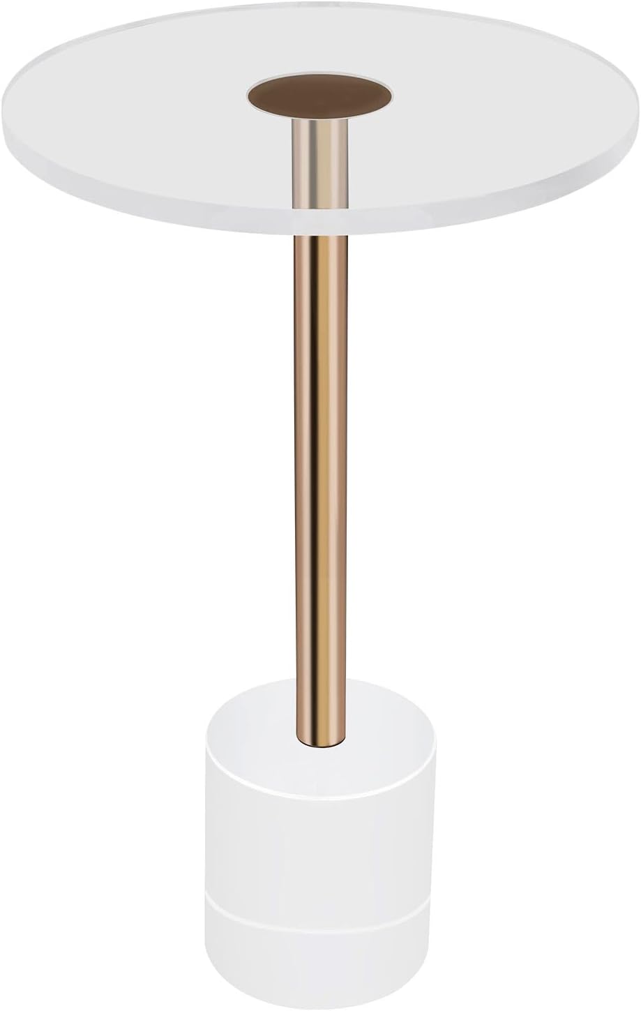 Modern Side Table with Cylindrical Base, Clear Acrylic End Table, Brushed Brass Metal Side Table for Office Living Room and Bedroom (Medium Round Base)