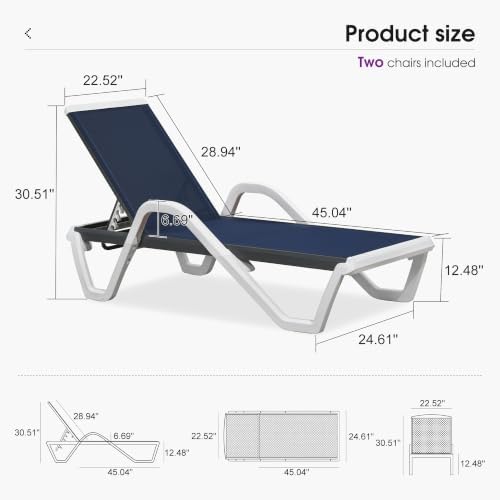 PURPLE LEAF Lounge Chair Outdoor Set of 2 w/Armrest & 1 Table, Navy Blue | Sleek, modern curves add a resort-style aesthetic that instantly upgrades the overall look of your backyard oasis