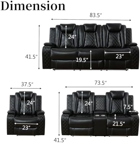 Power Recliner Sofa Set, Breathing Leather Reclining Couch Set, 3 Piece Living Room Furniture Set with LED Lights/Charging Ports/Storage for Home/Office (Black, Sofa+Loveseat+Chair)
