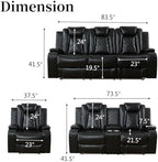 Power Recliner Sofa Set, Breathing Leather Reclining Couch Set, 3 Piece Living Room Furniture Set with LED Lights/Charging Ports/Storage for Home/Office (Black, Sofa+Loveseat+Chair)