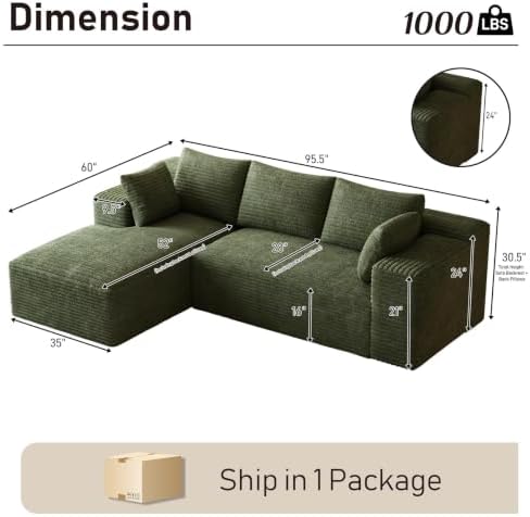 ONEMMLION 96" L-Shaped Cloud Couch Sofa with Chaise, Green | Corduroy Comfy Fluffy Modular Deep Seat Memory Foam Compressed Sectional Sofa for Living Room Oversized Left Facing Chaise