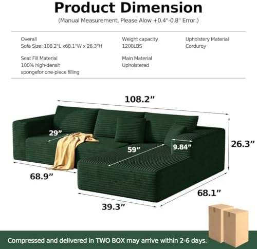 MoonSpeak 107" Sectional Couches for Living Room.Deep Seat Corduroy L Shaped Modular Sofa.Cloud Sectional Sofa.Upholstered Couches with Oversized Chaise(Green,Right Chaise)