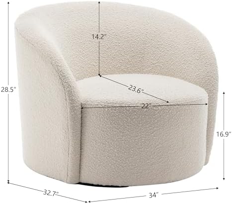 KINWELL 34" W Mid Century Modern Boucle Swivel Barrel Chair, Cream