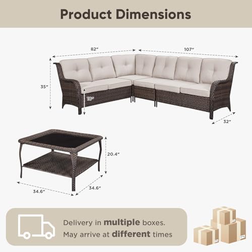 Belord Patio Furniture Set 6 Seats, Oversized Outdoor Sectional Couch, Two 3-Seater Sofas with Coffee Table, Patio Conversation Sets,Ideal for Porch, Deck, Brown Wicker/Beige