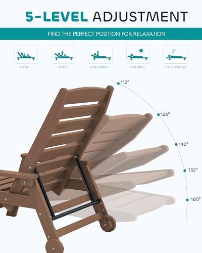 SERWALL HDPE Outdoor Lounge Chair Set of 2 with Cup Holder, Brown | with 5 Position Adjustable Backrest & Rolling Wheels