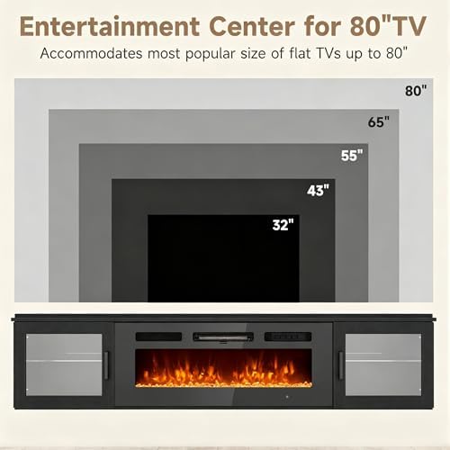 80" Floating TV Stand with 36" Electric Fireplace, Brown & Black | Floating TV Stand Wall Mounted Fits TVs up to 80", Adjustable Shelves & Storage, TV Console for Living Room, WI‑FI Enabled
