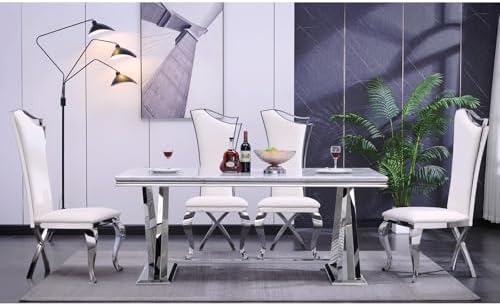 ACEDÉCOR Dining Chairs, White Faux Leather Dining Chairs Set of 6, Gorgeous Streamlined High Back Chair with Silver Mirror Curved and X-Shaped Stainless Steel Legs