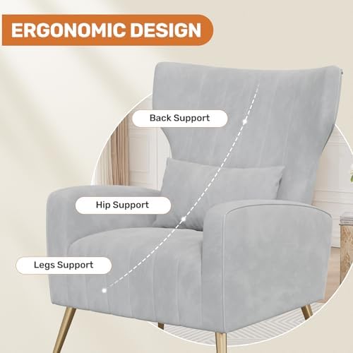 Nalupatio Velvet Accent Chairs Set of 2 Modern High Back Armchair Arm Chair with Lumbar Pillow, High Back Upholstered Single Sofa Chair with Gold Metal Legs for Bedroom,Light Gray