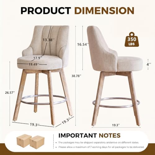 Swivel Counter Height Bar Stools,Barstools with Backs,Sand-Colored Bar Stools Set of 3,26'' Solid Wood Legs,Linen Fabric Thickened Seat Cushion Bar Stools