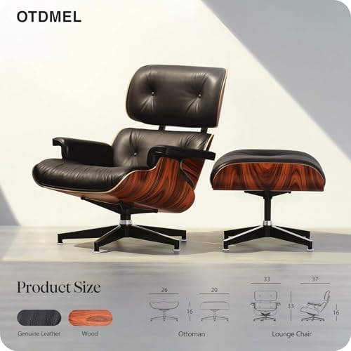 Mid Century Modern Top Grain Leather Chaise Lounge Chair & Ottoman | Modern Classic Recliner with Heavy Duty Base, Fixed Tilting for Living Room, Study, Lounge & Office, Palisander Black