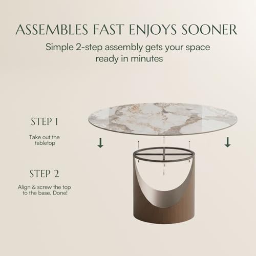 POVISON 59" Round Dining Table for 6, Pandora Sintered Stone Tabletop | Mid-Century Dining Table with Bronze Carbon Steel Pedestal, Modern Dining Room Table for Kitchen, Living Room (Table Only)