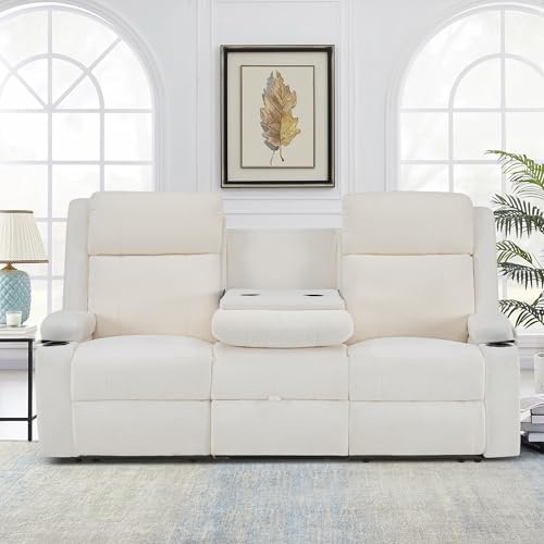 GUEAPY Large Manual Reclining Sofa 3-Seater Chenille Reclining Couch with Cup Holders, Wide Seat, Easy Assembly & Spill-Resistant Fabric Cozy Reclining Sofa for Living Room, Apartment, RV, Beige