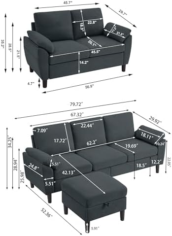 Convertible Sectional Sofa Set, 79" Modern L Shaped Couch and 57" Loveseat, Linen Upholstered 3 Seat Sofa with Storage Ottoman, Couches for Living Room, Apartment, Dark Grey