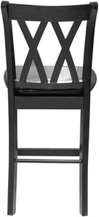MAKLAINE 5 Piece Solid Wood Counter Height Dining Set, Black Finish, Table with 2 Shelves and 4 X-Back Chairs, Faux Leather Seat Upholstery, 39.5 in Table for Kitchen or Dining Room