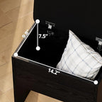 LIKIMIO Small Vanity Desk with Mirror Lights and Storage Stool | Black compact vanity with 3 light modes, charging station, storage drawer, 3 shelves and upholstered stool