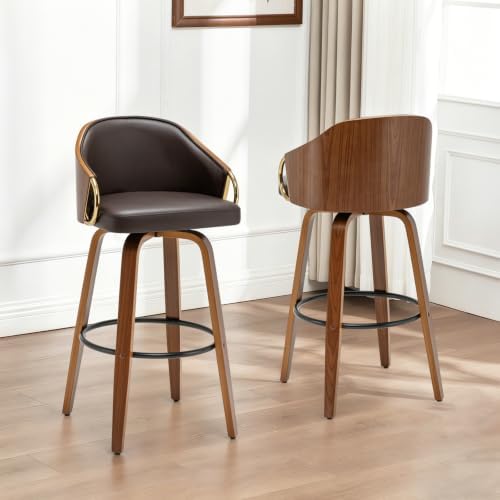 24.8" Swivel Counter Height Bar Stools Set of 2,Brown Leather Barstools Mid Century Modern Bar Chairs with Wood Legs and Golden Arms for Kitchen Dining Pub Cafe