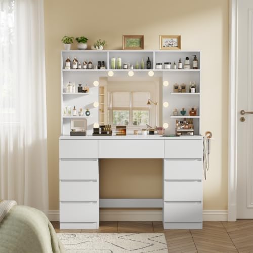 Vanity Desk with Mirror and Lights,43" Makeup Vanity Table with 9 Drawers and 7 Storage Shelves, Power Outlet & Adjustable LED Lights, Dressing Table for Bedroom，White