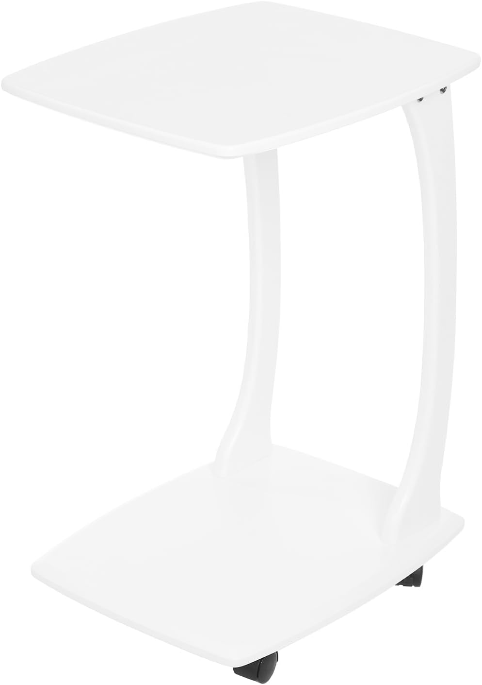 Solid Wood End Table, C-Shaped Side Table with Wheels, TV Tray Table, Couch Table That Slide Under for Small Space, Living Room, Bedroom (White)
