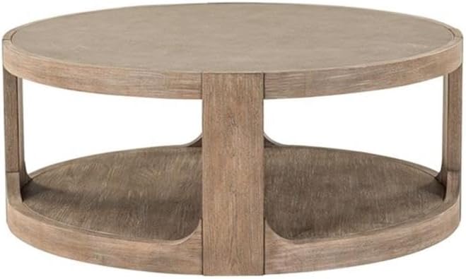 Pemberly Row 3 Piece Set, Round Rubberwood Cocktail Table with Faux Concrete Insert and 2 End Tables, Burnished Beige Finish, Satin Pewter Hardware, Storage Drawer, Living Room Furniture