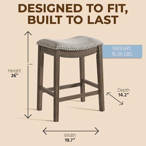 ROME + OAK Parker 26-Inch Backless Counter Stool, Backless Saddle Kitchen Stool in Walnut Finish with Grey Fabric Upholstery Cushion Seat