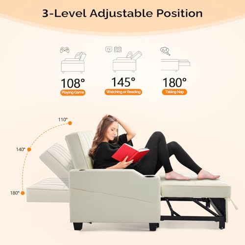 VINGLI Convertible Loveseat Sleeper Sofa Bed, Pullout Couch for Living Room | Beige Futon Sofa Bed, Faux Leather Pull-Out Couch Bed with USB Ports, Cup Holders for Small Space, Apartment, Office