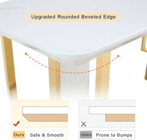 79" White Gold Dining Table Set for 8, Luxury Faux Marble Dining Table Set for 8 with White Gold Chairs, Kitchen Table Set with Gold Chrome Legs for Dining Room, Office