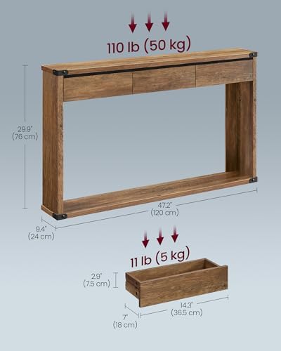 VASAGLE 47.2" Console Table with 3 Drawers, Entryway Table, Bottom Shelf | Narrow Sofa Table Behind Couch, Metal Corners, for Living Room, Bedroom, Farmhouse Style, Honey Brown ULNT143KB01S