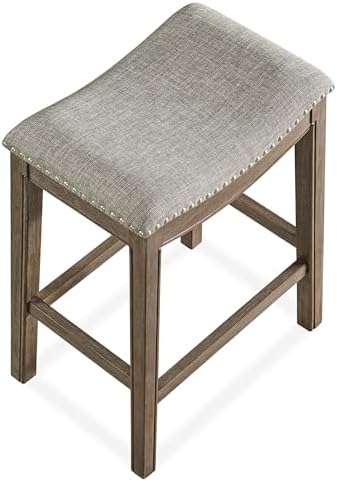 ROME + OAK Parker 26-Inch Backless Counter Stool, Backless Saddle Kitchen Stool in Walnut Finish with Grey Fabric Upholstery Cushion Seat