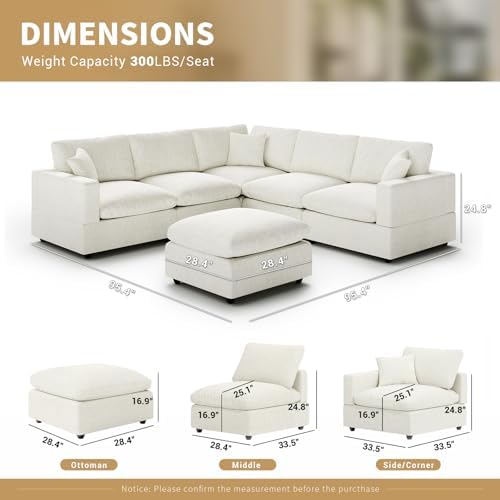 Modern Sectional Linen Couch for Living Room V-Shape Sofas,6 Seat Modular Cloud Sofas with Ottoman,Couches Cushion Covers Removable,Cozy Feather Down Sofa for Apartment Cream White