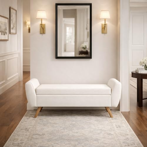 HomePop Modern Storage Bench with Wood Legs |Homepop Home Décor|Bench with Storage for Living Room & Bedroom - Cream Woven