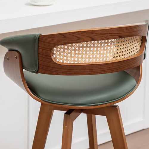 Rattan Swivel Counter Stools, Mid Century Modern Counter Stools with Back | Natural Bentwood Frame, Walnut Crafts, Curved Arms, Faux Leather Upholstered Seat, Swivel Counter Stools for Island, Kitchen