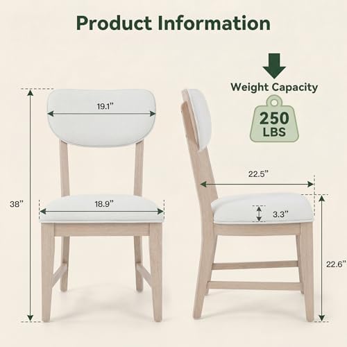 COLAMY Solid Wood Dining Chairs Set of 2, Mid Century Modern Upholstered Kitchen Chairs with 3.3" Thick Cushion & Anti-Slip Pads, Farmhouse Rubber Wood Dining Room Chairs, Oak Nature